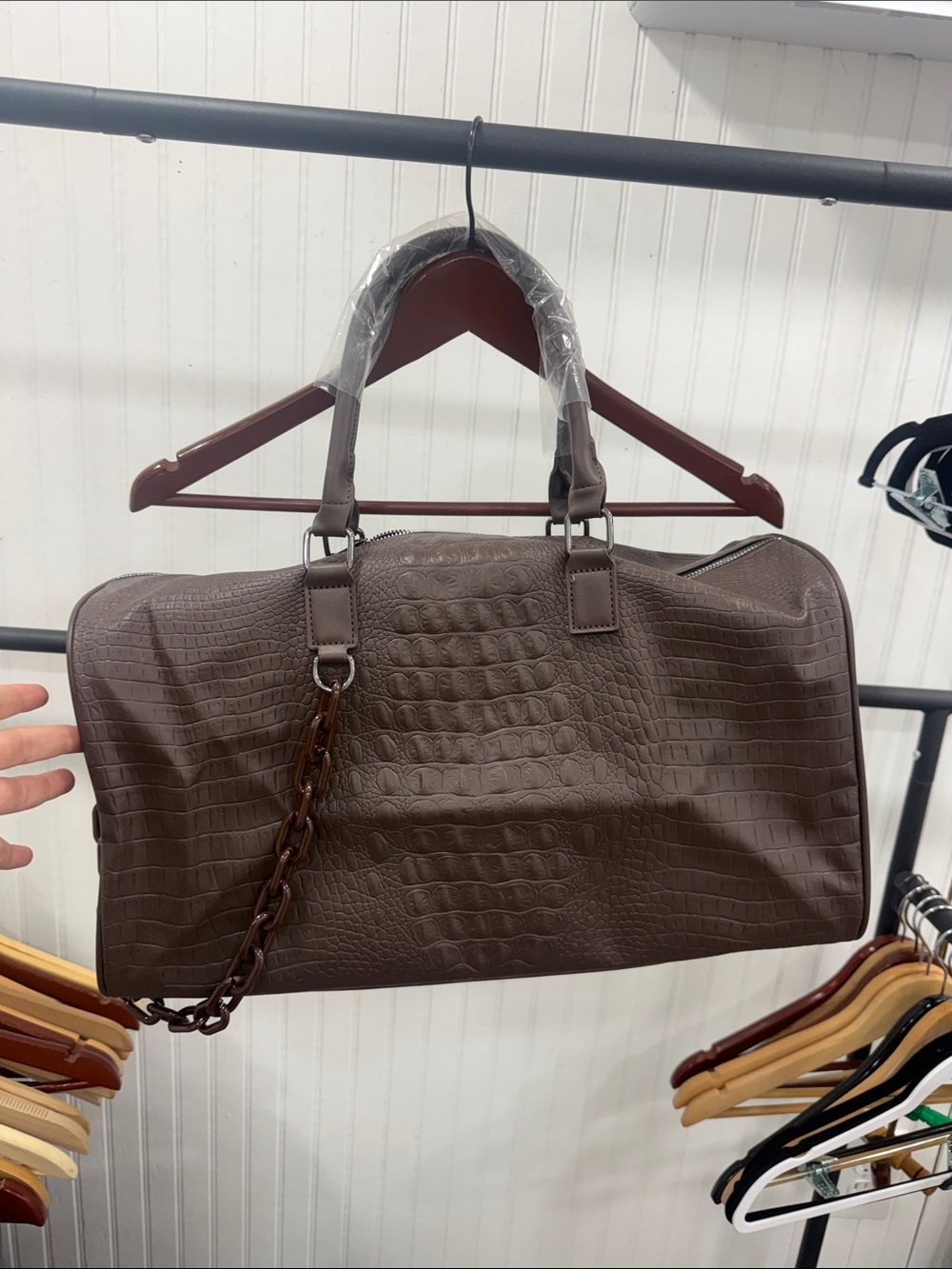 Faux Croc-Embossed Chocolate Travel Duffel Bag - Unbranded